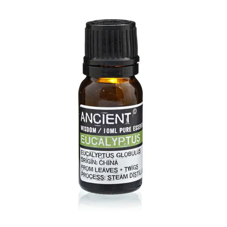 A small amber glass bottle with black cap labeled ancient wisdom eucalyptus eucalyptus essential oil for respiratory troubles