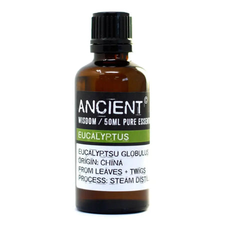 A 50ml amber glass bottle of eucalyptus essential oil from eucalyptus globulus tree for respiratory troubles and insect bites