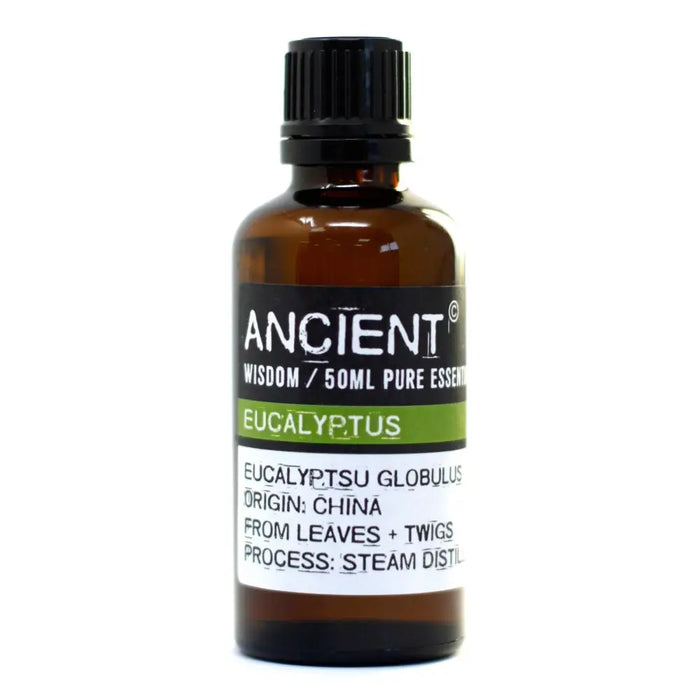 A 50ml amber glass bottle of eucalyptus essential oil from eucalyptus globulus tree for respiratory troubles and insect bites