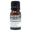 A small amber glass bottle with black cap labeled eucalyptus organic essential oil 10ml for allergen declarations and alleviate symptoms