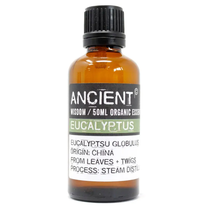 A 50ml amber glass bottle of ancient wisdom organic eucalyptus essential oil from china for respiratory troubles