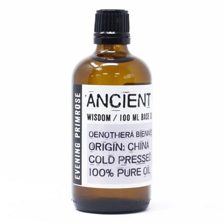 An amber glass bottle of evening primrose oil with a black ribbed cap and a white label showing 100 ml base oil