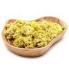 A heart shaped wooden bowl filled with dried yellow everlasting flowers weighing 0.5kg