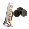 Black circular charcoal tablets made of compressed charcoal in a silver swift-lite foil wrapper box of 80 Excelsior charcoal tablets