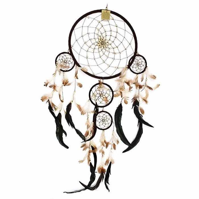 Extra large bali dream catcher in brown and cream with wooden beads feathers and a gold tag to catch bad dreams