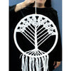 Extra large white macrame dream catcher with tree of life design and fringes made from cotton rope