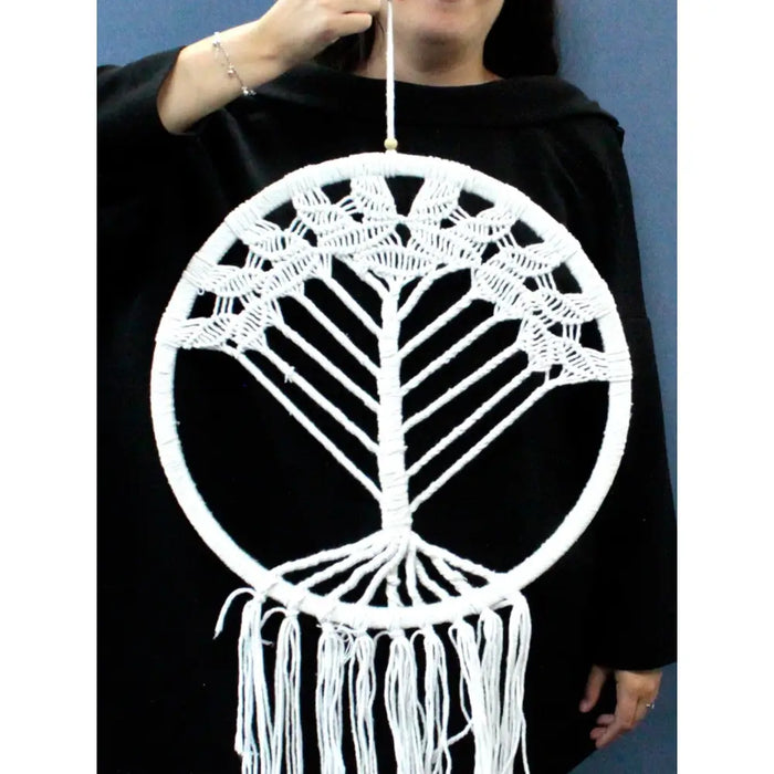 Extra large white macrame dream catcher with tree of life design and fringes made from cotton rope