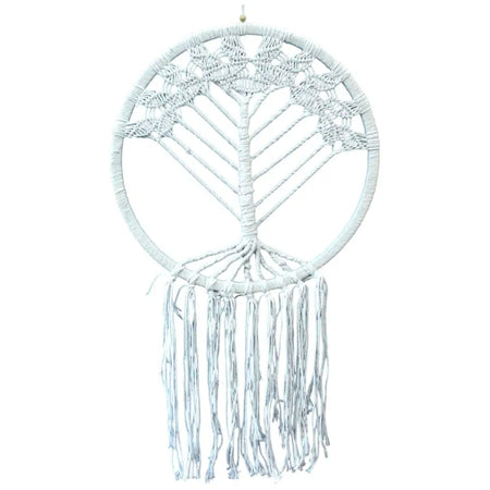 Extra large white macrame dream catcher with tree of life design and fringes made from cotton rope
