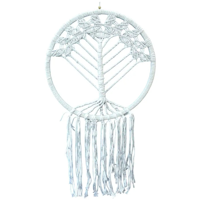 Extra large white macrame dream catcher with tree of life design and fringes made from cotton rope