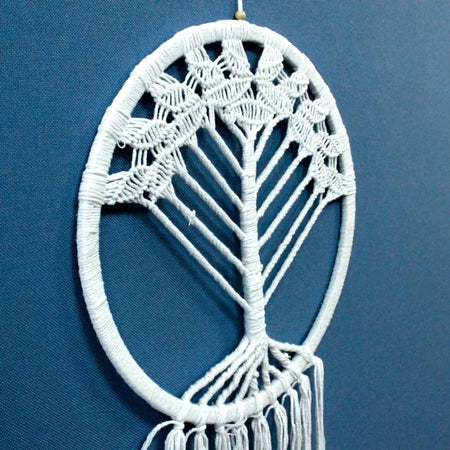 Extra large white macrame dream catcher with tree of life design featuring intricate leaves and dangling tassels