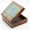A wooden extra large mango wood box with hinged lid featuring turquoise deer inlaid design and floral patterns