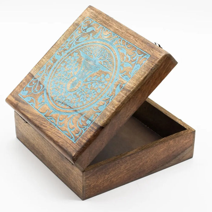 A wooden extra large mango wood box with hinged lid featuring turquoise deer inlaid design and floral patterns