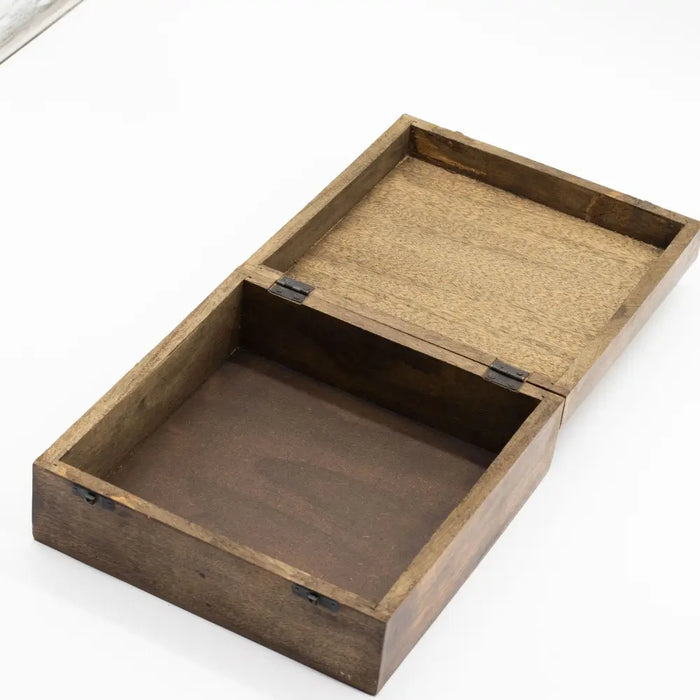 A rustic brown extra large wooden box with hinged lid and dark metal hinges made from mango wood whitewash finish
