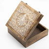 A square extra large mango wood box with hinged lid and white carved moon phase goddess mandala on top