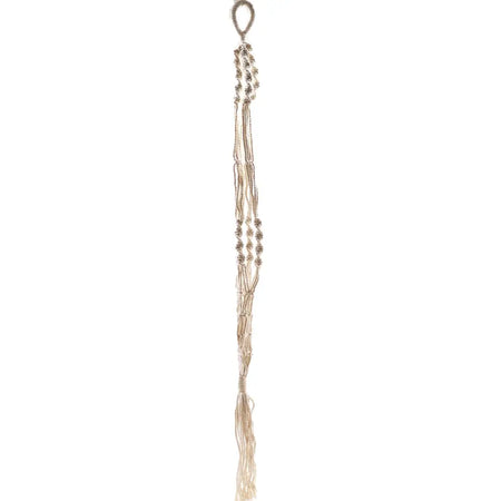 Beige extra long large macrame pot holder with silver metallic beads and loop top for hanging single pots