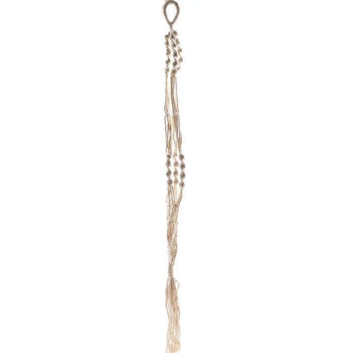 Beige extra long large macrame pot holder with silver metallic beads and loop top for hanging single pots