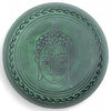 Green stone moss green mushroom singing bowl with engraved buddha face and decorative wavy border patterns
