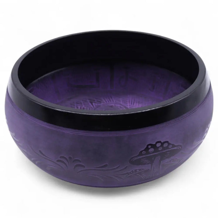 Purple haze mushroom singing bowl with black rim and engraved floral patterns 5cm high made of metal