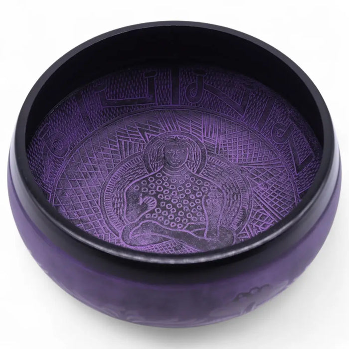 Purple haze mushroom singing bowl 5cm high with engraved meditating figure and geometric patterns