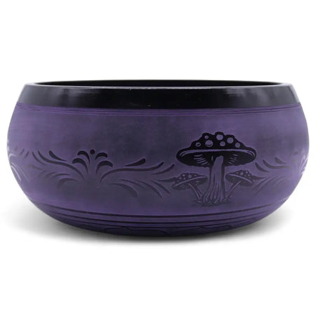 Purple haze mushroom singing bowl 5cm high ceramic with black etched mushroom and foliage design