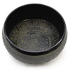Black tibetan extra loud singing bowl with intricate engraved five buddha figure and floral patterns