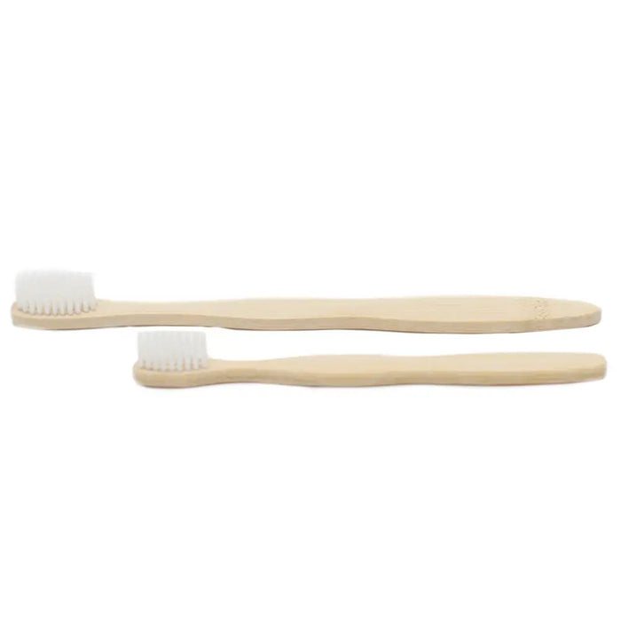Two medium soft bamboo toothbrushes with white bristles in a family pack, one slightly longer than the other