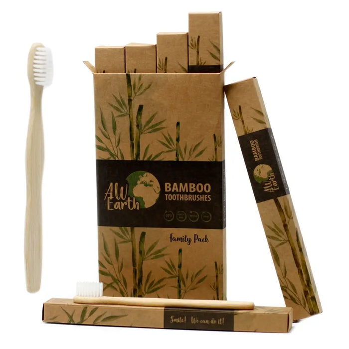 Family pack of 4 medium soft bamboo toothbrushes with natural beige handles white bristles in eco friendly boxes