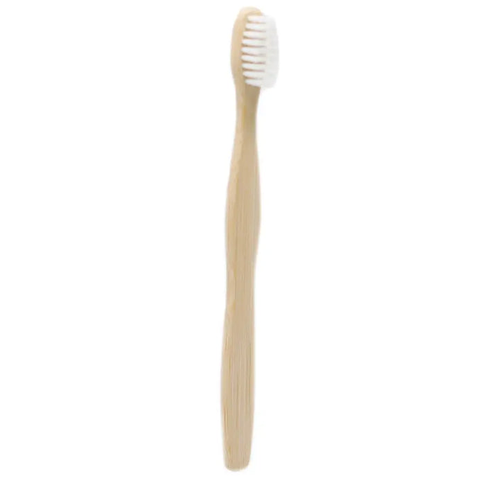 A natural bamboo toothbrush with white medium soft bristles shown as part of a family pack of four bamboo toothbrushes