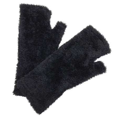 Black faux fur handwarmer gloves with fuzzy texture and fingerless design for easy use and warmth
