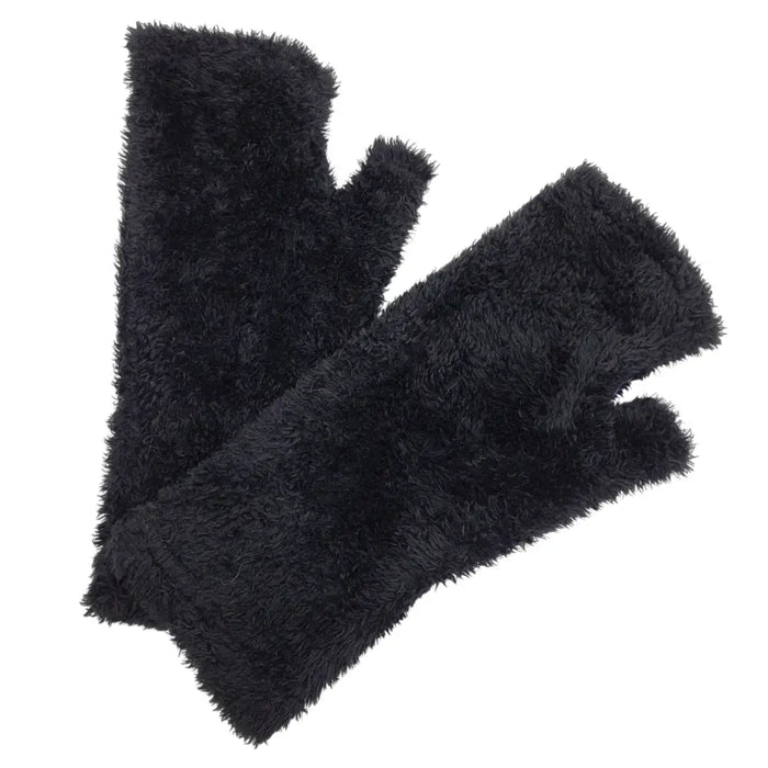 Black faux fur handwarmer gloves with fuzzy texture and fingerless design for easy use and warmth