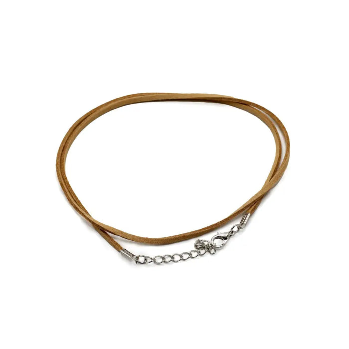 Tan suede cord necklace with silver-toned clasp and chain extension in faux leather pendant cord 2.5mm design