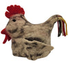 A felt festival hat shaped like a handmade rooster pouch with beige brown felt and colorful striped tail feathers