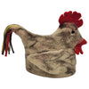 A felt festival hat shaped like a chicken with gray and black mottled body red comb and multicolored tassel tail
