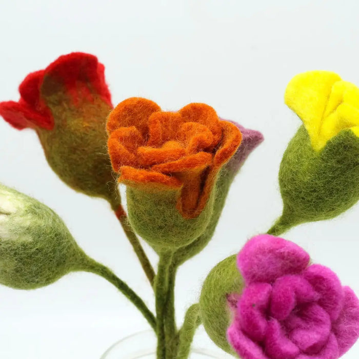 A vibrant felt flowers arrangement featuring roses in assorted colours with red orange yellow pink and green stems