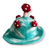 A whimsical teal felted mushroom hat with red polka-dotted mushrooms called lost in a sky blue