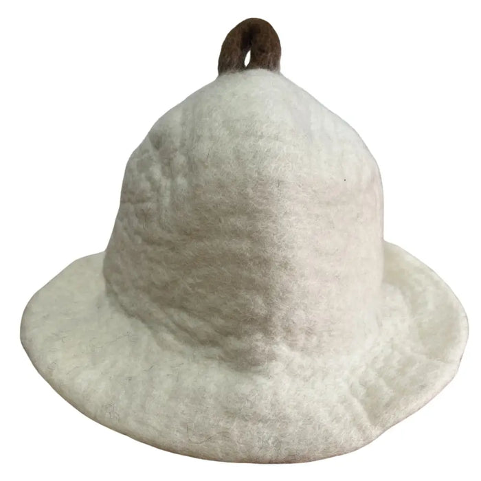 A soft off-white felted sauna bowl hat with a wide brim and brown leather loop on top