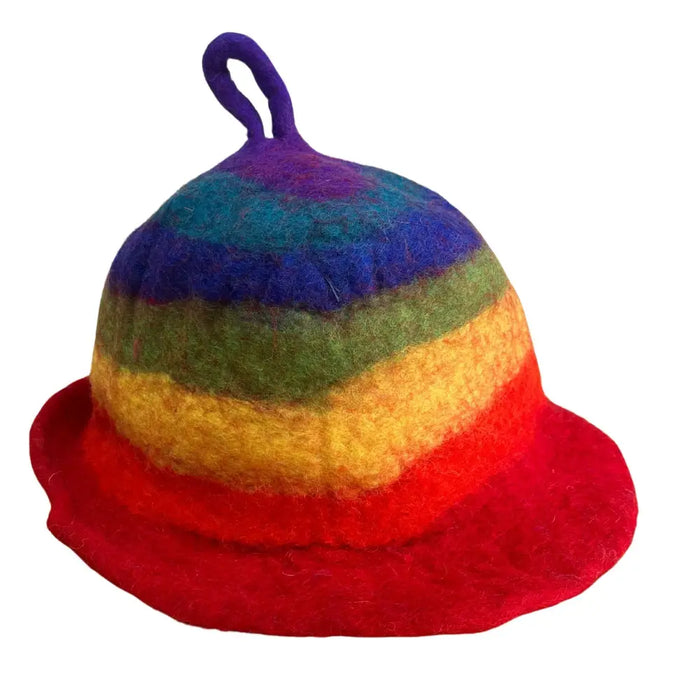 A felted sauna bowl hat with rainbow stripes, soft felt material, and a purple loop on top