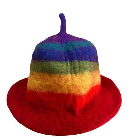 A felted sauna bowl hat with rainbow stripes, made of felt, featuring a rounded crown, wide brim, and purple top knot