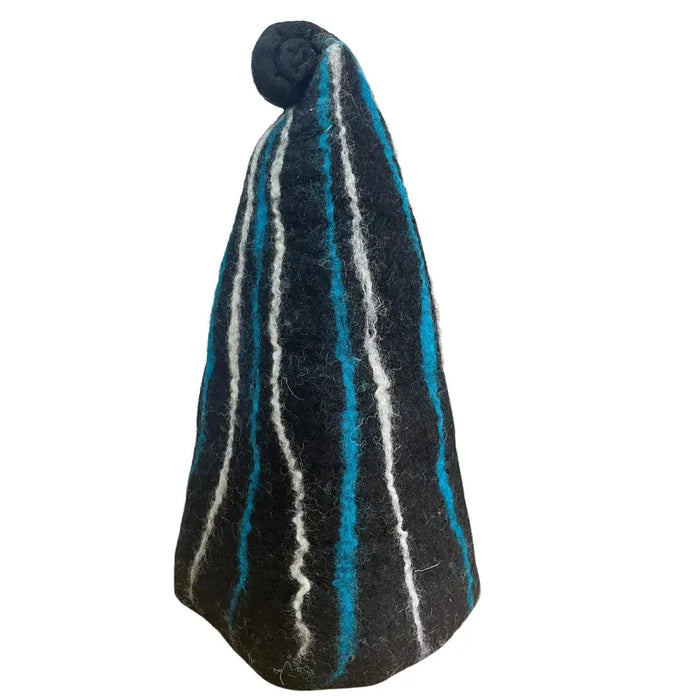 A black felt sauna wizard hat with bold turquoise and white vertical stripes and a rolled-up top