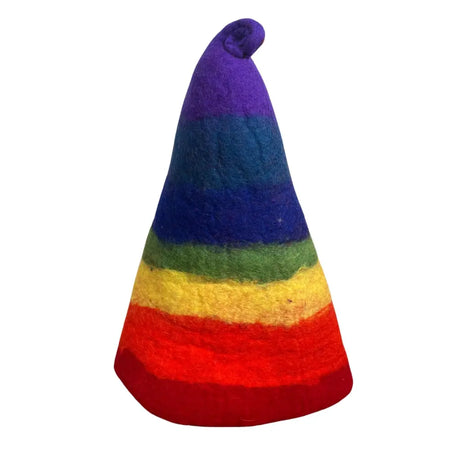 A felted sauna wizard hat with rainbow stripes made of soft textured wool and a rounded top for sauna use
