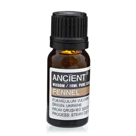 A small amber glass bottle of ancient wisdom fennel essential oil with a black ribbed cap and white label showing foeniculum vulgare crushed seeds