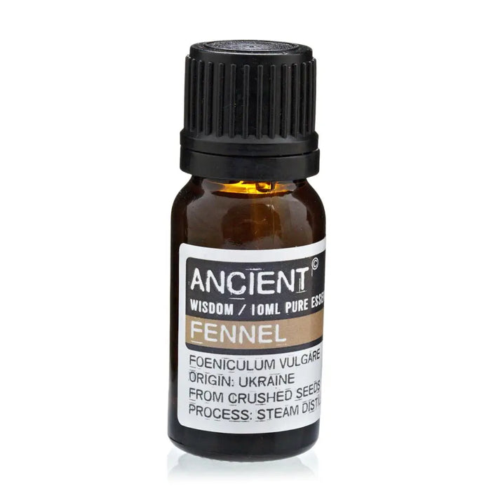 A small amber glass bottle of ancient wisdom fennel essential oil with a black ribbed cap and white label showing foeniculum vulgare crushed seeds