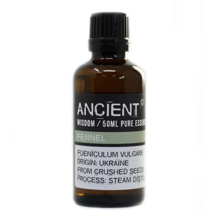 A 50ml amber glass bottle of fennel essential oil from ukraine with black cap and allergen declarations from steam distillation
