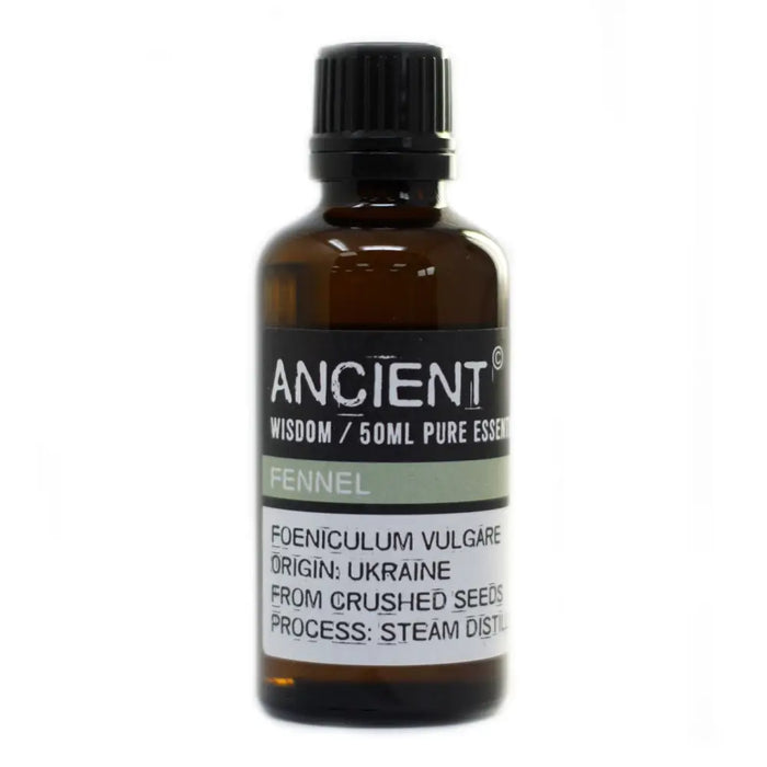 A 50ml amber glass bottle of fennel essential oil from ukraine with black cap and allergen declarations from steam distillation