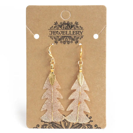 Gold-toned festive fir leaf earrings with textured real leaves design and delicate gold hooks for lightweight wear