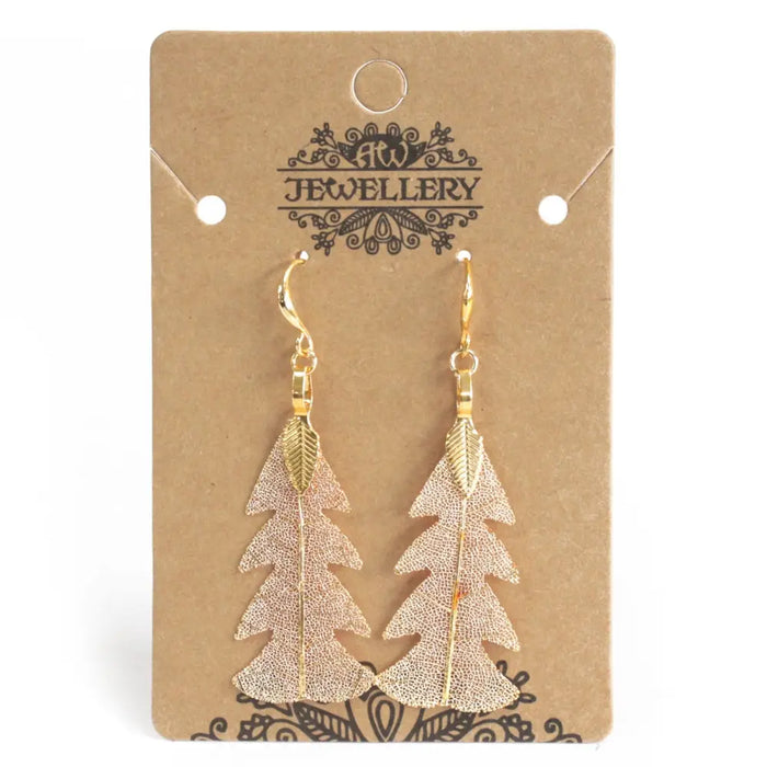 Gold-toned festive fir leaf earrings with textured real leaves design and delicate gold hooks for lightweight wear