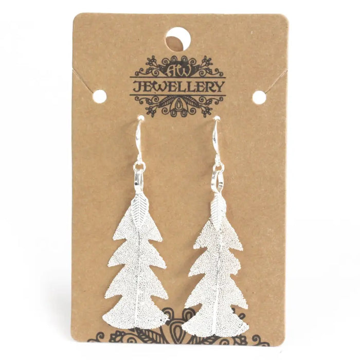 Silver festive fir leaf earrings with textured dangle design resembling real leaves