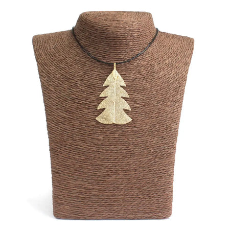 Gold festive fir leaf necklace with textured metallic finish hanging from black cord real leaves jewelry style pendant