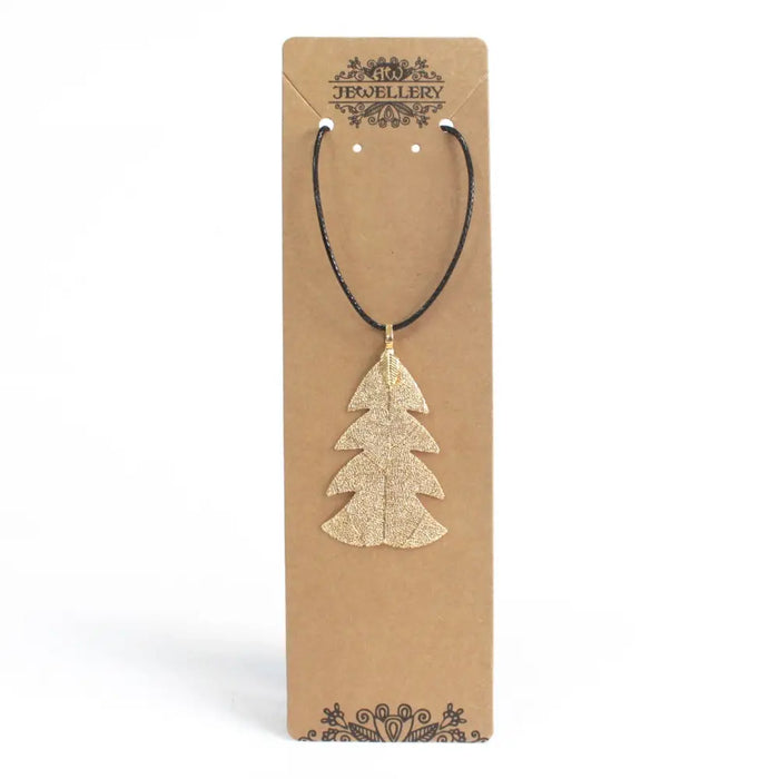 Gold glitter festive fir leaf necklace pendant on black cord featuring real leaves jewelry design