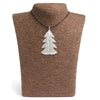 Silver festive fir leaf necklace with textured surface on black cord inspired by real leaves